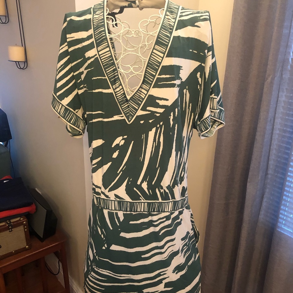 BCGB green and ivory dress. With pockets!